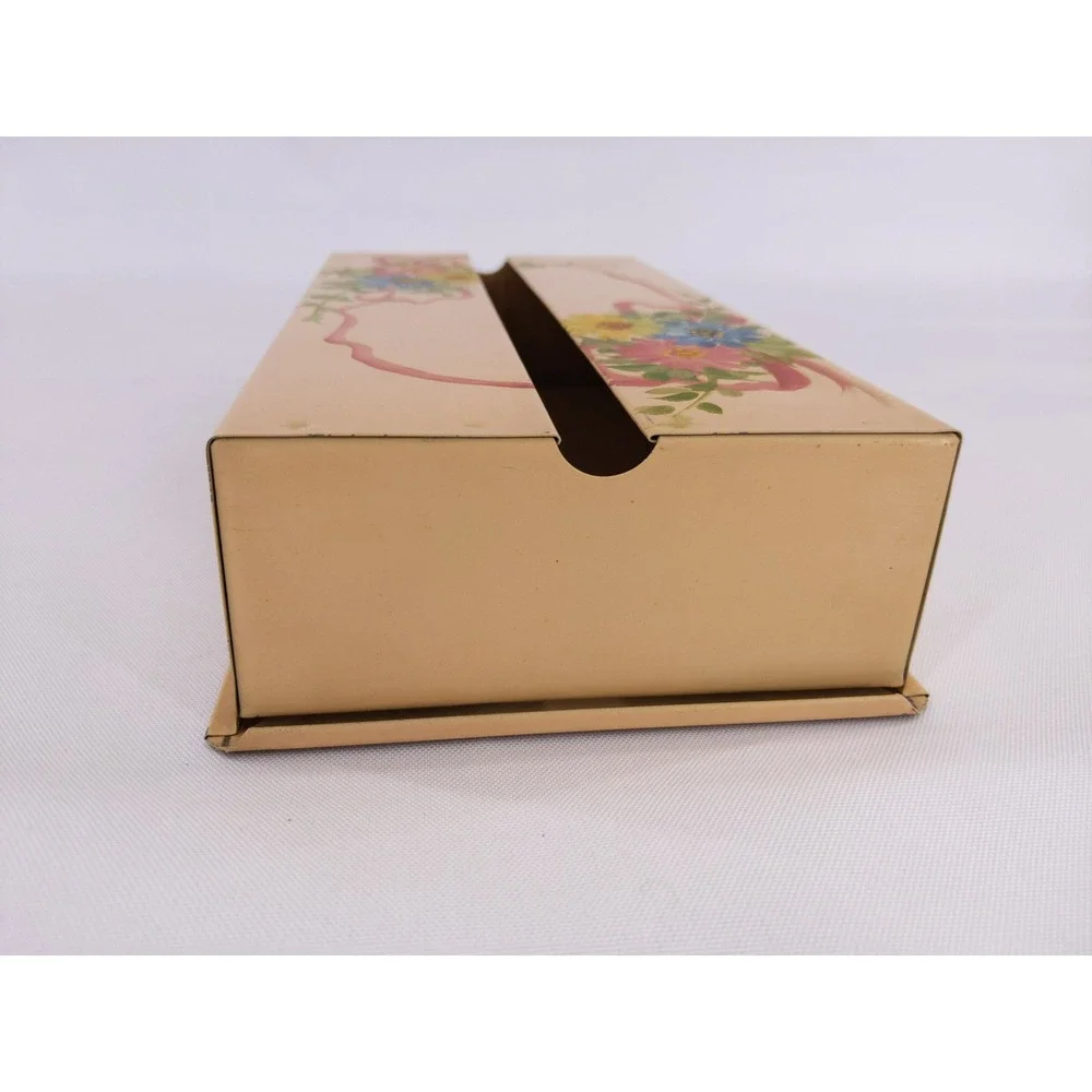 Vintage Metal Tissue Box Cover Beige Hand Painted Floral‎ Ribbon Toleware Style